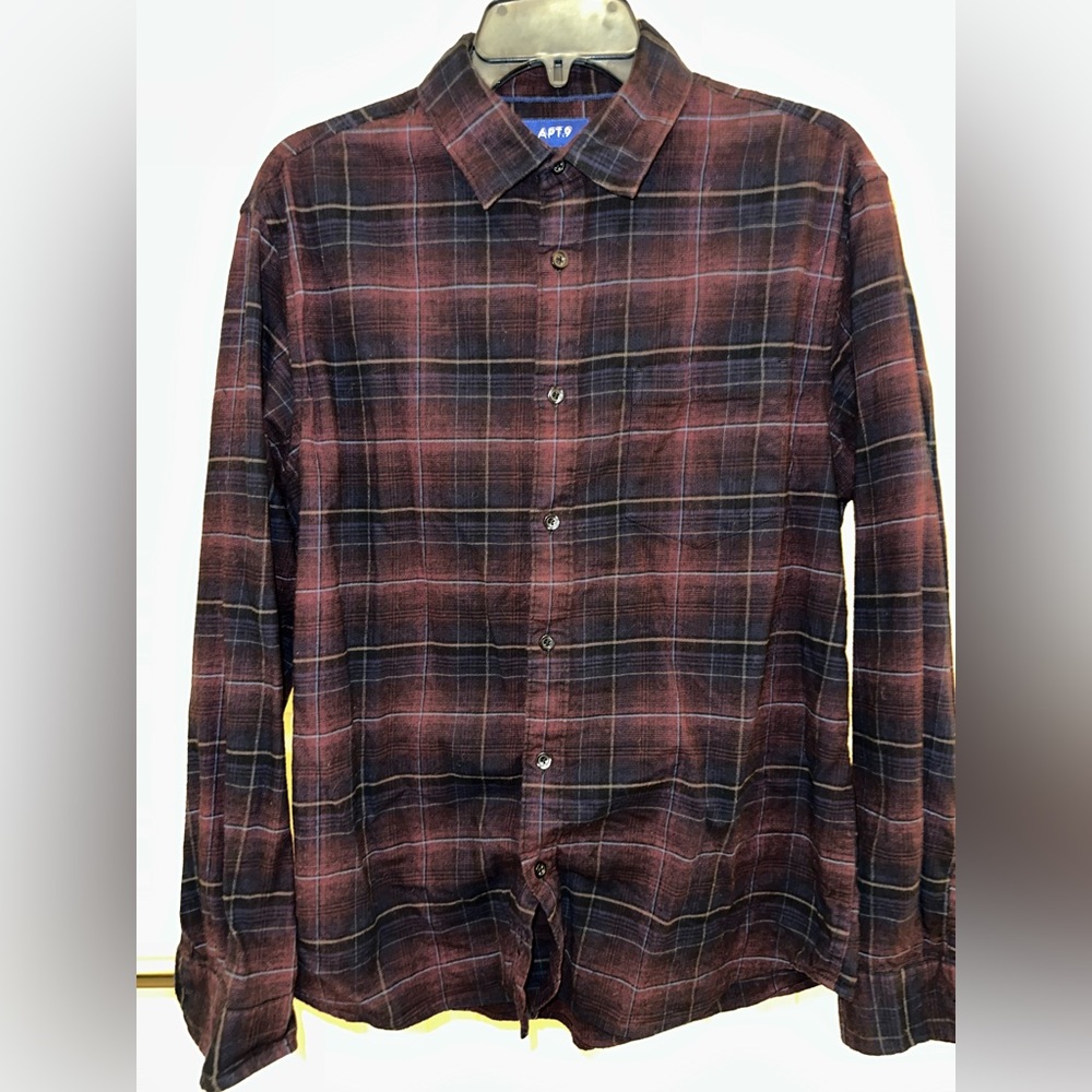 Apt. 9 plaid button down. Super comfy. Runs short, in my opinion.